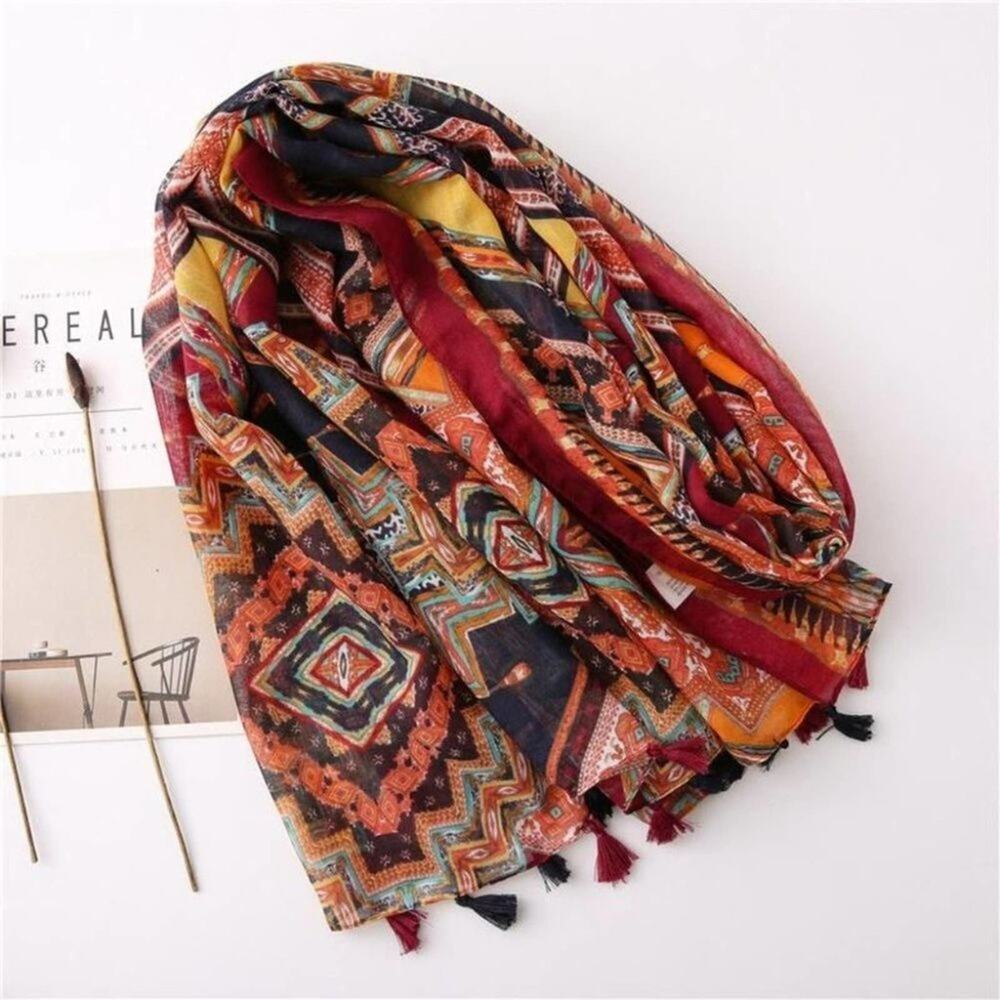 2/$30 NEW Boho Tassel Scarf Fall Red Orange Printed - Picture 9 of 11